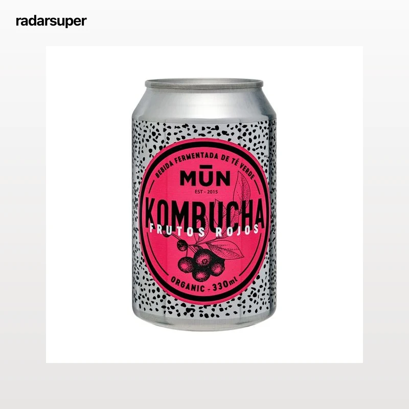 MUN Bebida fermentada de té verde ecológico (Kombucha) con sabor a frutos rojos lata 33 cl.