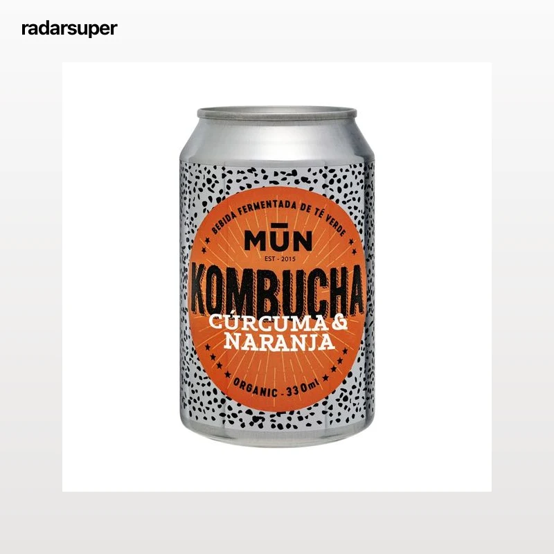 MUN Organic Kombucha (Bebida fermentada de té verde) con cúrcuma y naranja lata 33 cl.
