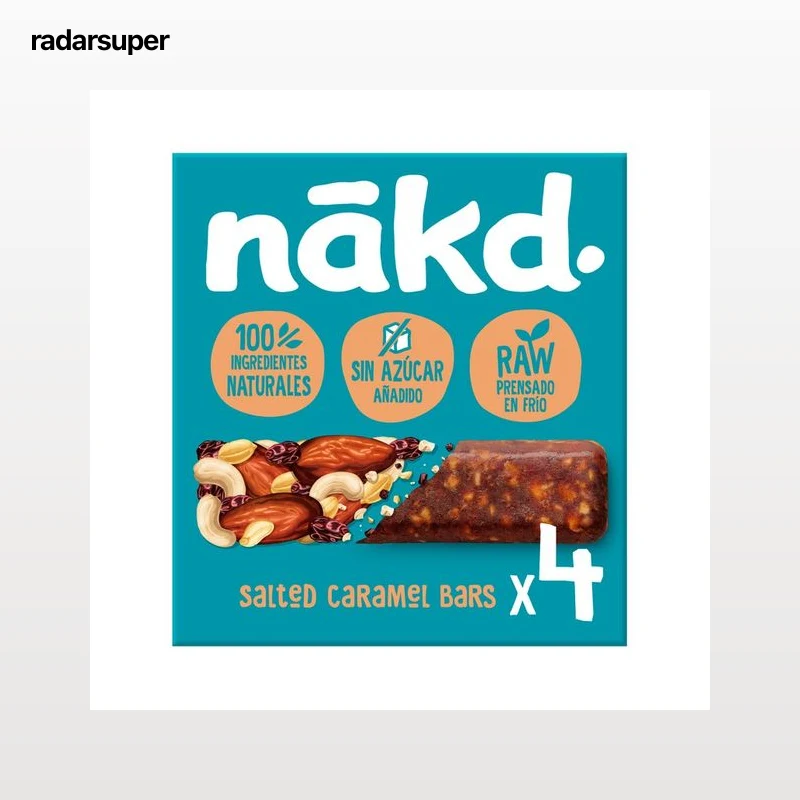 NÁKD Barritas de fruta y frutos secos con caramelo salado, ingredientes 100 % naturales y sin azúcares añadidos 4 uds. 140 g.