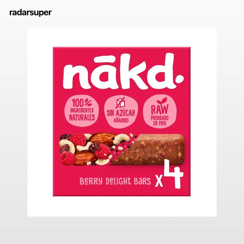 NÁKD Barritas de fruta y frutos secos con frambuesa, 100 % ingredientes naturales y sin azúcares añadidos 4 uds. x 35 g.