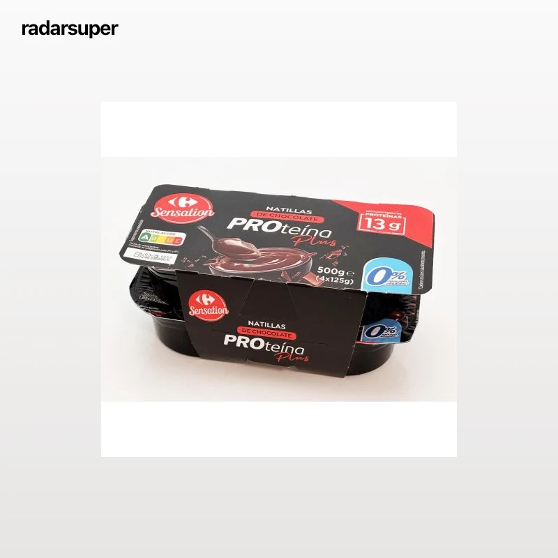 Natilla de chocolate Proteína Plus Carrefour Sensation pack de 4 unidades de 125 g.