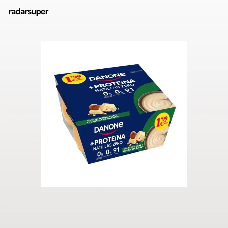 Natillas +Proteínas Zero sabor avellanas y chocolate blanco Danone sin gluten pack de 4 unidades de 120 g.
