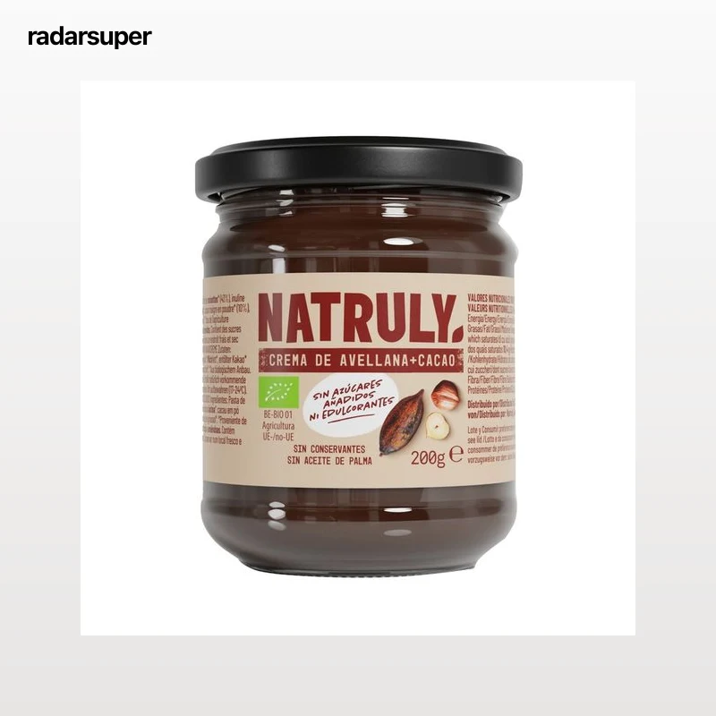 NATRULLY Crema de avellana y cacao ecológicos, sin azúcares añadidos ni edulcorantes 200 g.