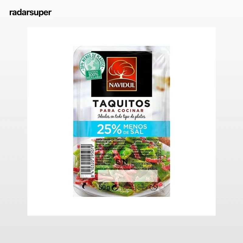 NAVIDUL Jammón y paleta curados, reducidos en sal y cortado en taquitos NAVIDUL 50 g.