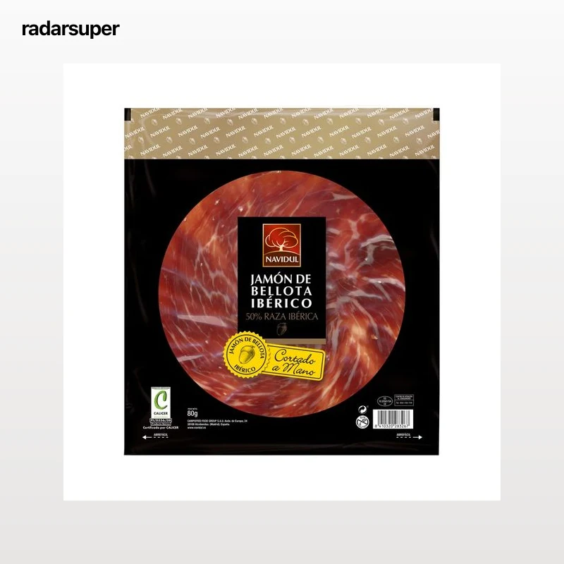 NAVIDUL Jamón de bellota ibérico (50% raza ibérica), cortado a mano NAVIDUL 80 g.