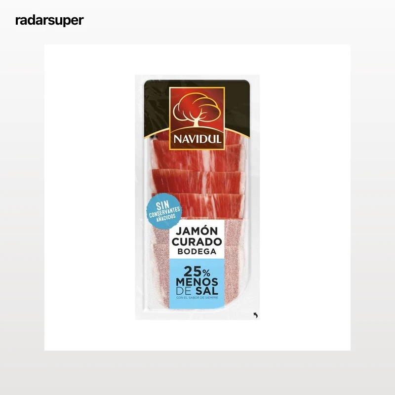 NAVIDUL Jamón curado bodega con un 25% menos de sal, sin gluten ni lactosa, cortado en lonchas 45 g.