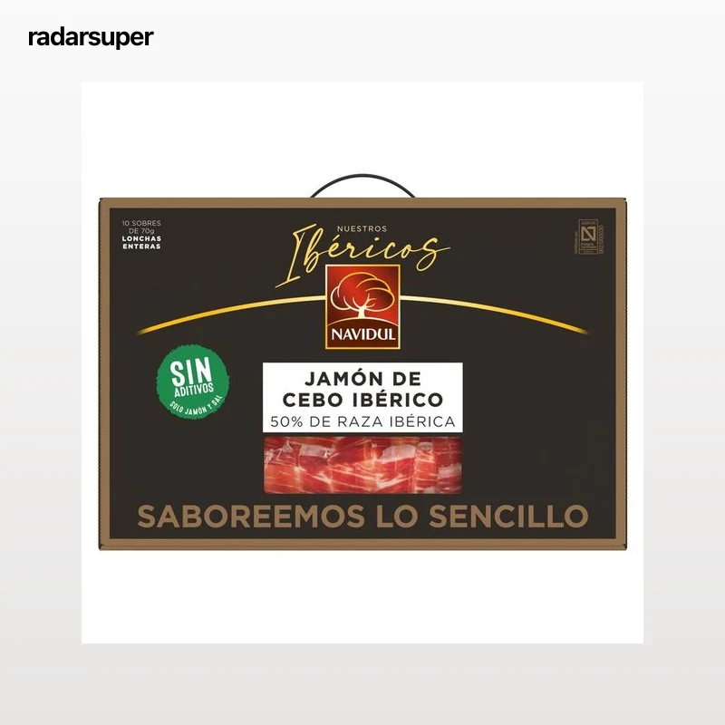 NAVIDUL Maletín con 10 sobres de 70 g. de jamón de cebo ibérico (50% raza ibérica), cortado en lonchas.