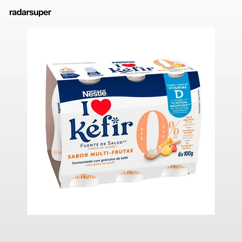NESTLÉ Kefir líquido desnatado (0% materia grasa) sabor multi-frutas 6 x 100 g.