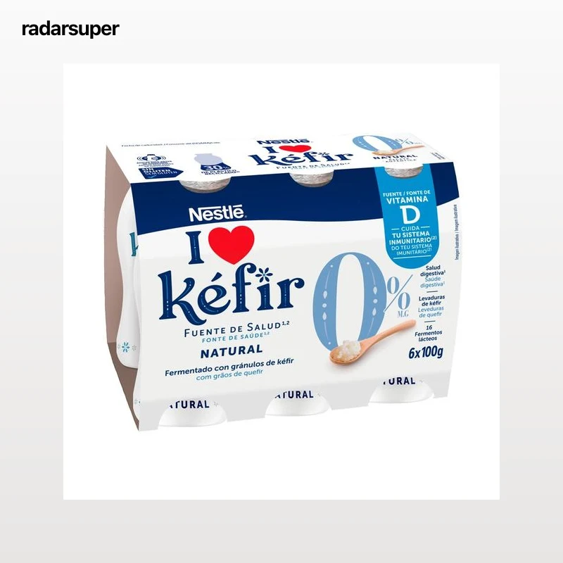 NESTLÉ Kefir líquido natural desnatado (0% materia grasa), elaborado con fermentos lácteos y levaduras de 6 x 100 g.