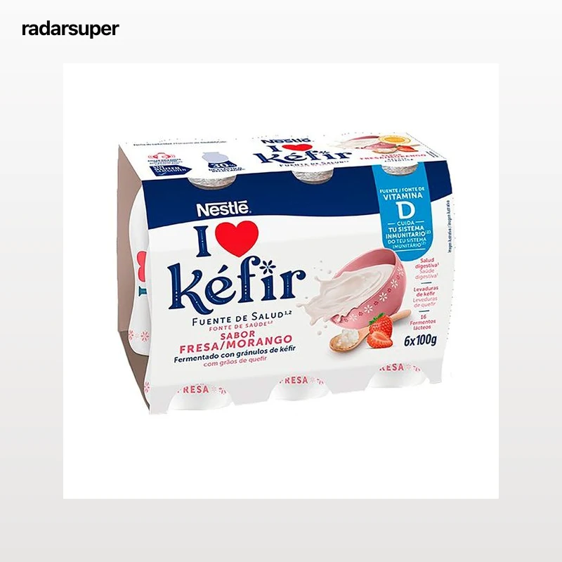 NESTLÉ Kefir líquido sabor a fresa, elaborado con fermentos lácteos y levaduras 6 x 100 g.