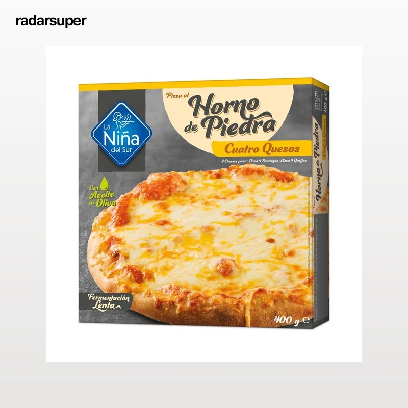 LA NIÑA DEL SUR Pizza 4 quesos (Edam, Emmental, Cheddar y Mozzarella) hecha al horno de piedra 400 g.