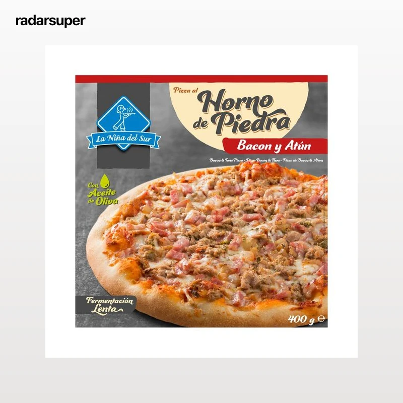 LA NIÑA DEL SUR Pizza de bacón y atún hecha al horno de piedra 400 g.