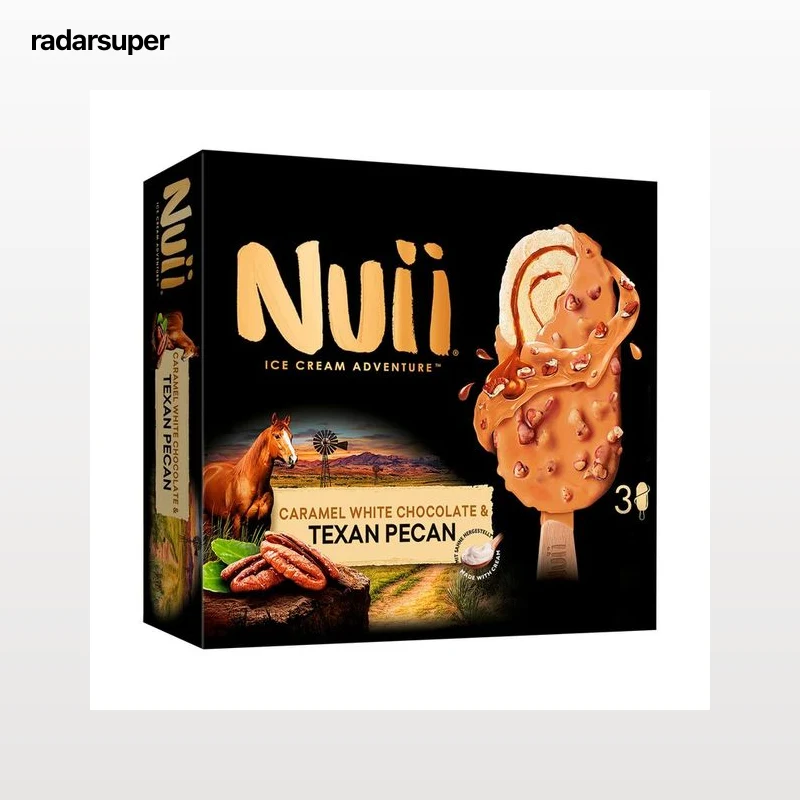 NUII Bombón helado de vainilla con salsa de caramelo, recubierto de chocolate blanco y tozos de nueces pecanas 3 x 90 ml.