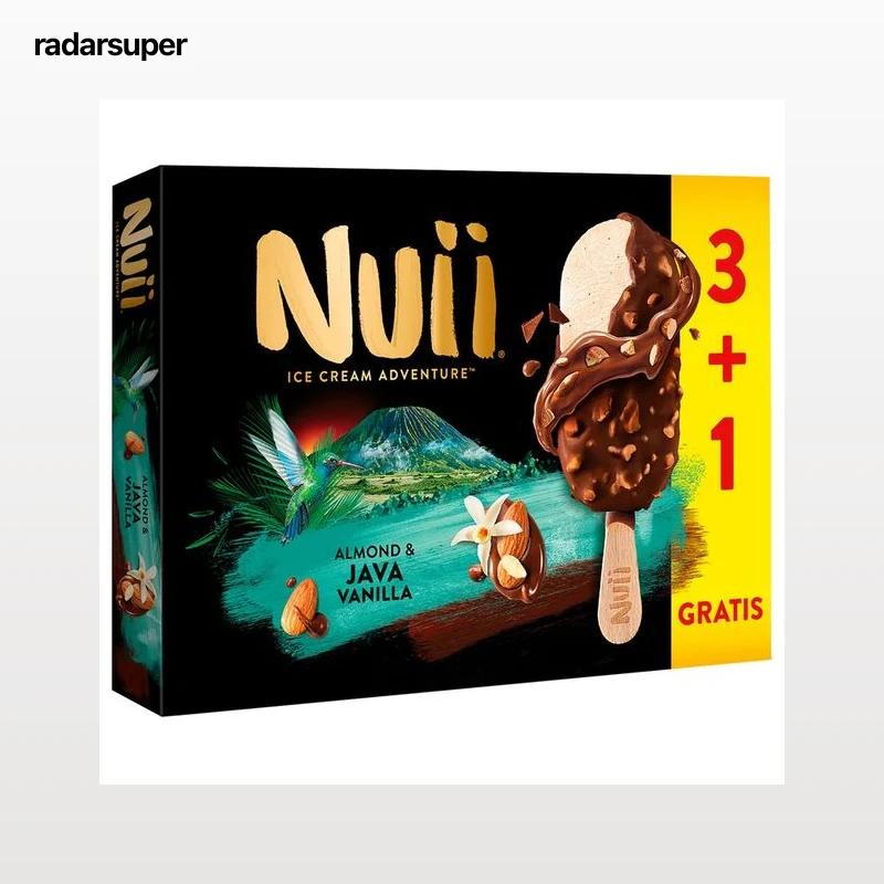 NUII de Nestlé Bombón de helado de vainilla de Java, cubierto de chocolate con leche y trocitos de almendras 3 x 90 g.