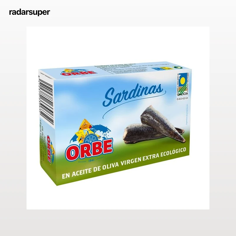 ORBE Sardinas en aceite de oliva virgen extra ecológico, bajo en sal ORBE 87 g.
