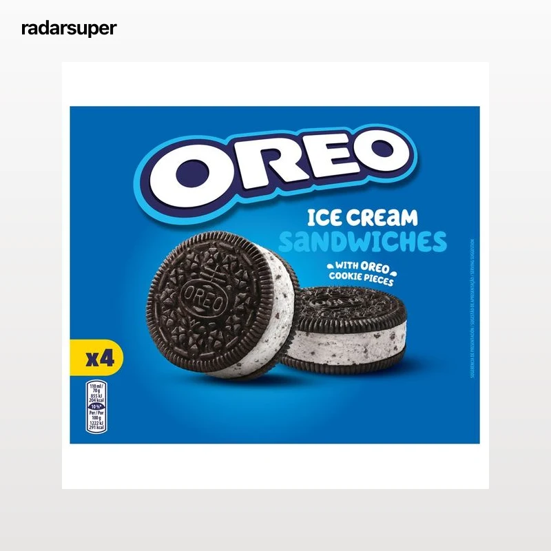 OREO Sandwich de helado de vainilla con galletas y trocitos de galleta al cacao 4 x 110 ml.