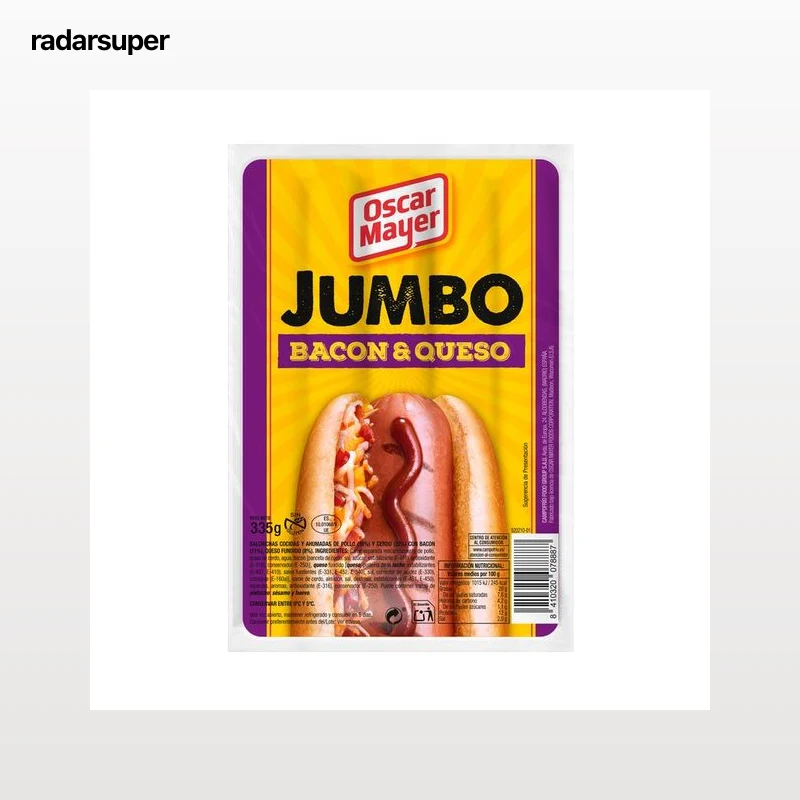 OSCAR MAYER Salchichas cocidas con bacon y queso y sabor ahumado OSCAR MAYER Jumbo 335 g.