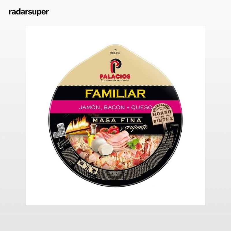 PALACIOS Pizza familiar de masa fina y crujiente de jamón, bacon y queso PALACIOS 580 g.