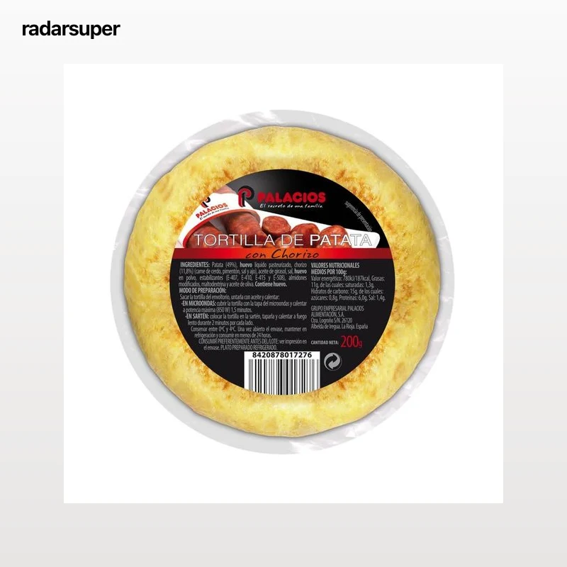 PALACIOS Tortilla fresca de patata con chorizo, lista para calentar y comer 200 g.