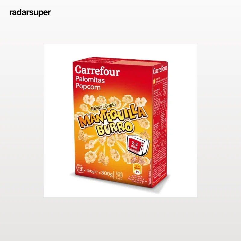 Palomitas sabor mantequilla para microondas Carrefour pack de 3 bolsas de 100 g.