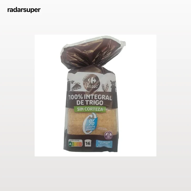 Pan de molde 100% integral de trigo sin corteza Carrefour Classic´ sin lactosa y sin azúcar añadido 450 g.