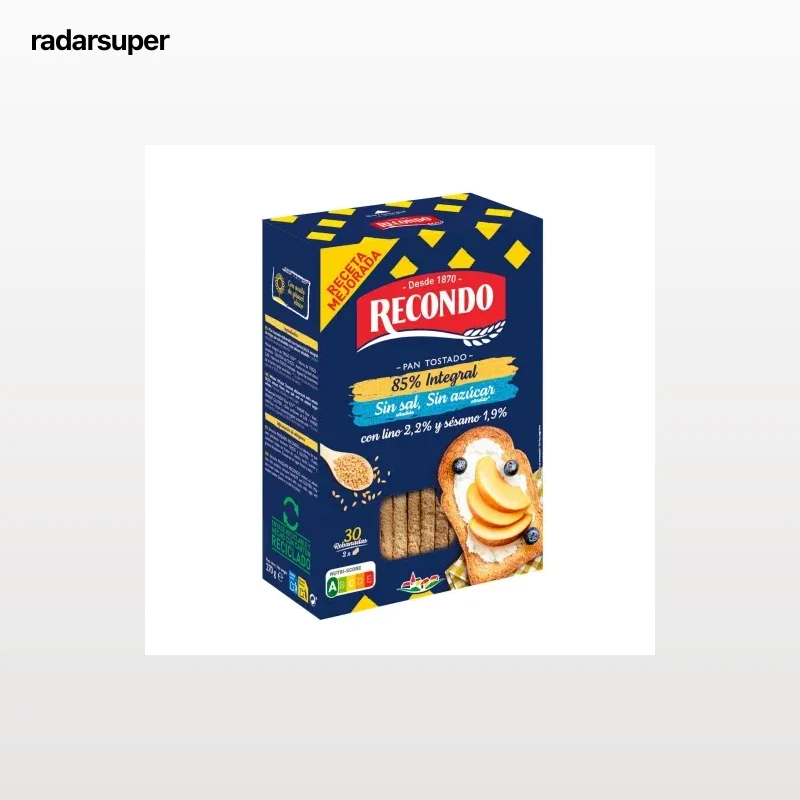 Pan tostado elaborado con harina integral 60 % sin sal y sin azúcar añadido Recondo 270 g.