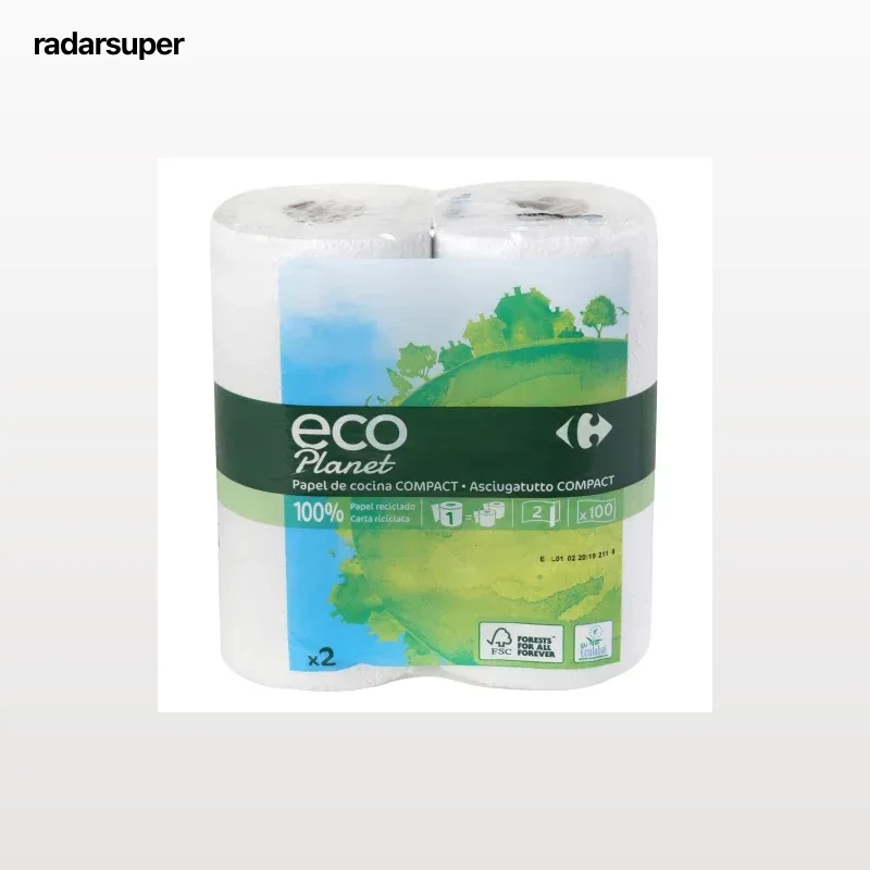 Papel de cocina compacto ecológico Carrefour Eco Planet 2 rollos.