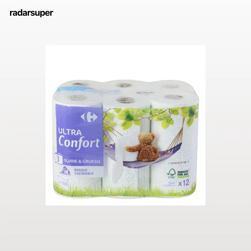 Papel higiénico 3 capas ultra confort Carrefour 12 rollos.