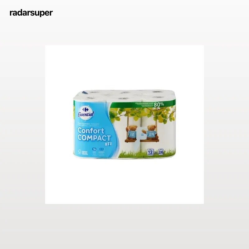 Papel higiénico compact doble rollo Carrefour 12 rollos.