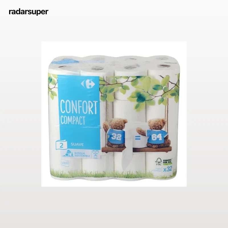 Papel higiénico compact doble rollo Carrefour 32 rollos.
