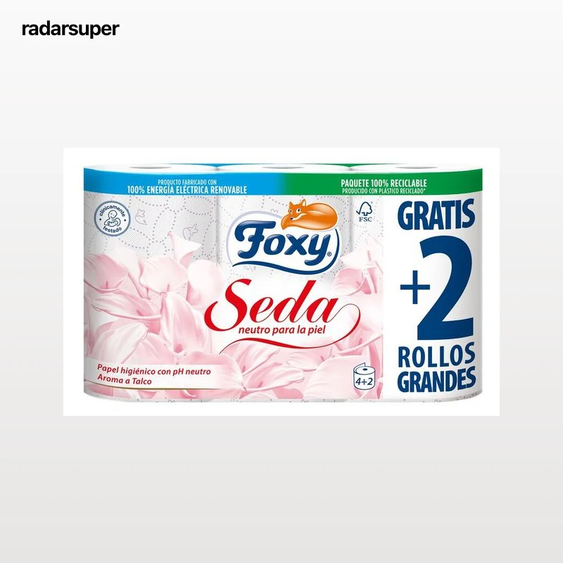 Papel higiénico Foxy 4+2 rollos seda con pH neutro para la piel y aroma a talco