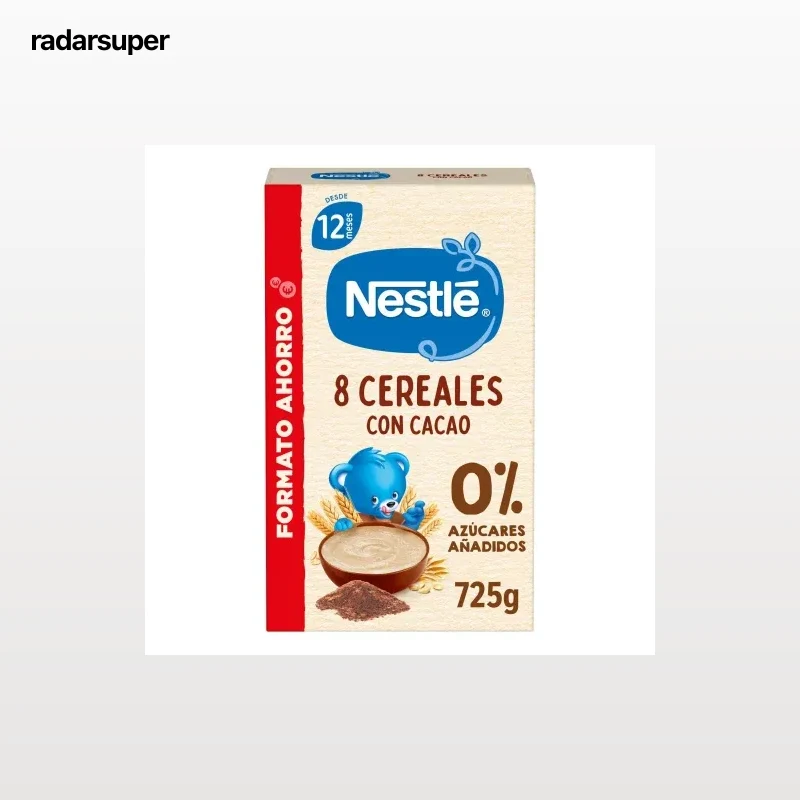 Papilla infantil desde 12 meses 8 cereales con cacao Nestlé sin azúcar añadido 725 g.
