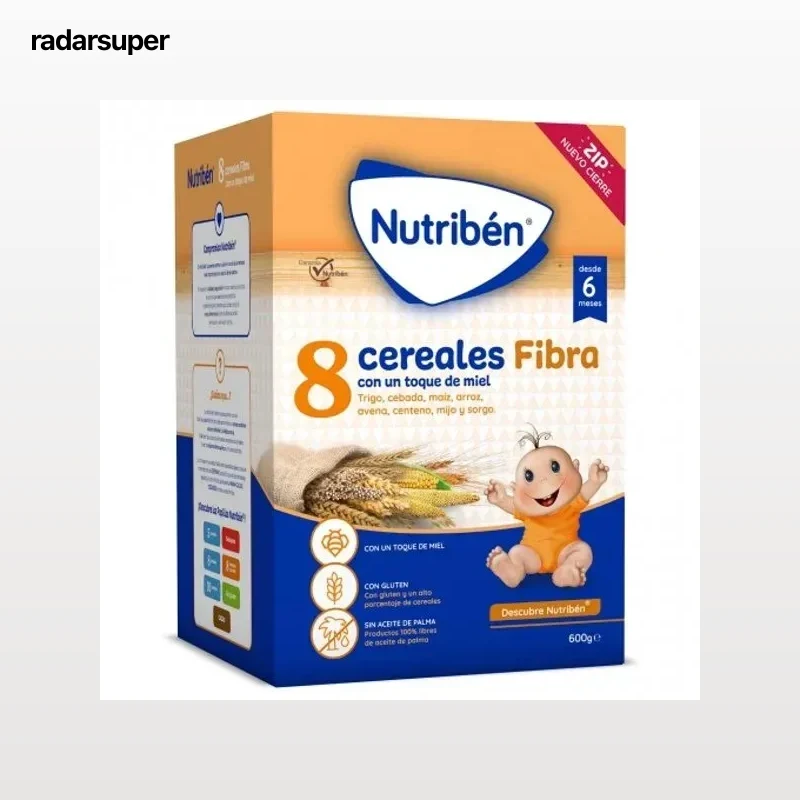 Papilla infantil desde 6 meses 8 cereales toque a miel fibra Nutribén sin aceite de palma 600 g.
