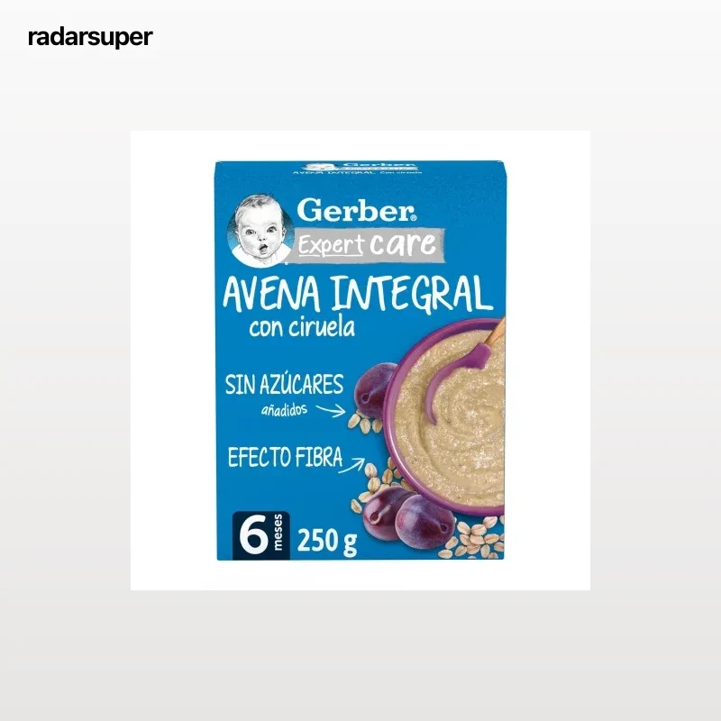 Papilla infantil desde 6 meses avena integral con ciruela Gerber sin azúcar añadido 250 g.