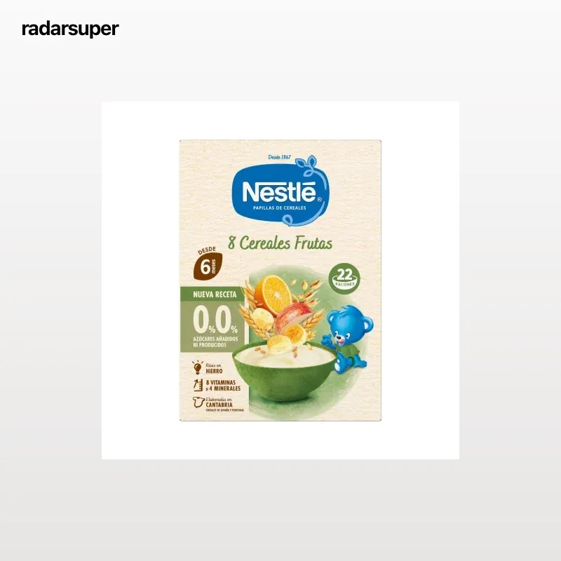 Papilla infantil desde 6 meses Nestlé 8 cereales con fruta sin azúcar añadido 330 g.