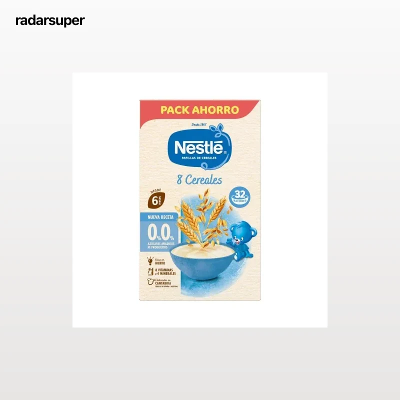 Papilla infantil desde 6 meses Nestlé 8 cereales sin azúcar añadido ni producidos 480 g.