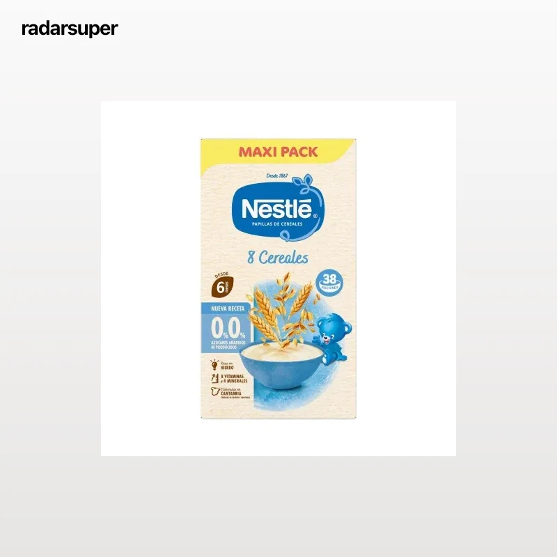 Papilla infantil desde 6 meses Nestlé 8 cereales sin azúcar añadido ni producidos 570 g.