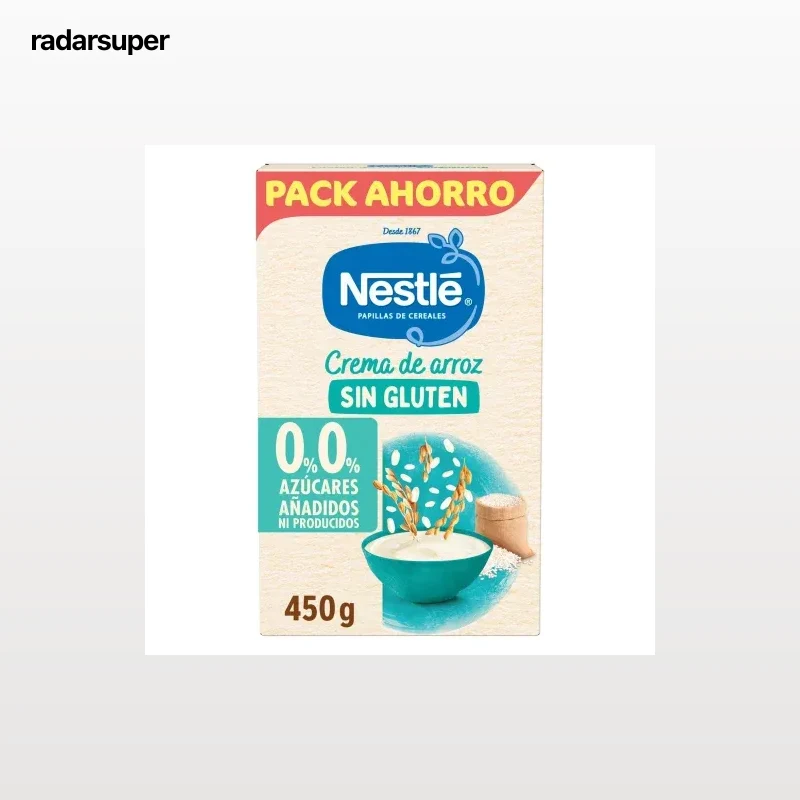 Papilla infantil desde 6 meses Nestlé crema de arroz sin gluten y sin azúcar añadido 450 g.