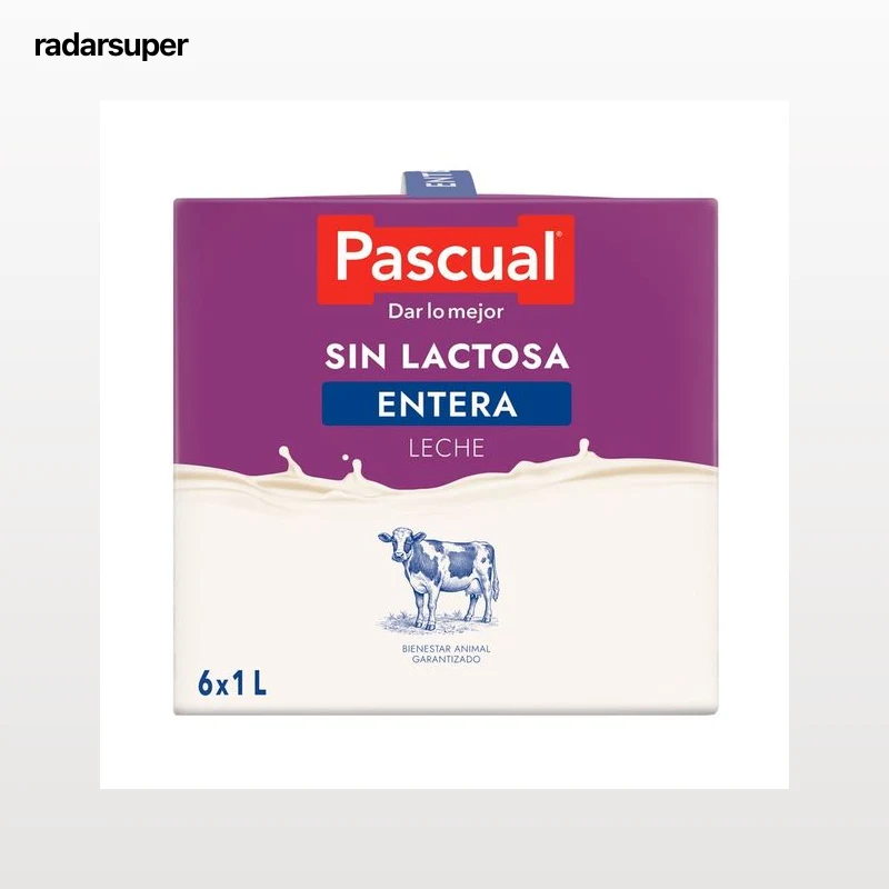 PASCUAL Leche entera sin lactosa procedente de vacas con bienestar garantizado  6 x 1 l.