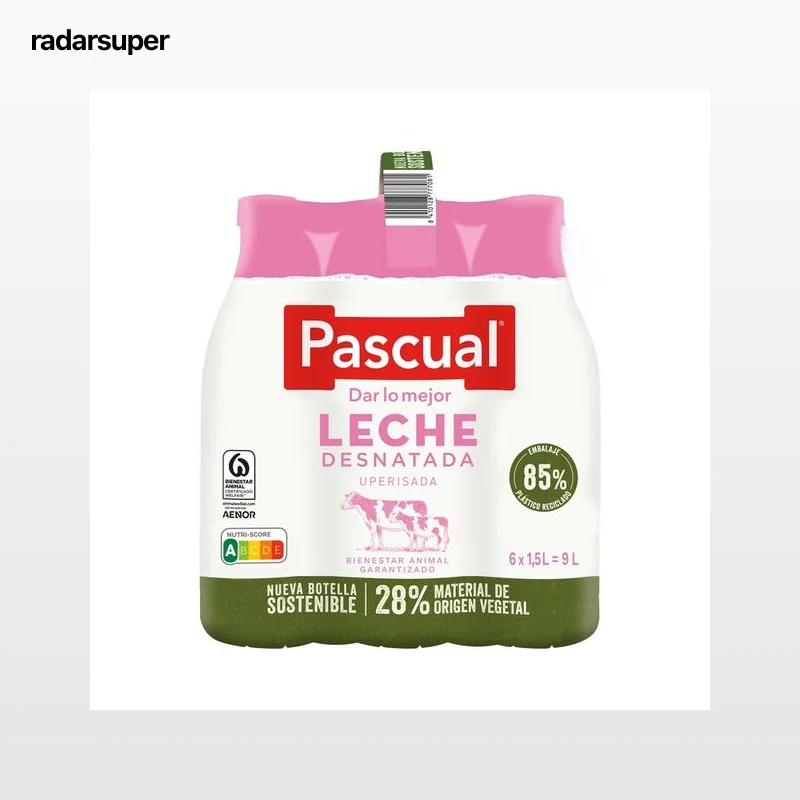 PASCUAL Leche de vaca desnatada, de bienestar animal garantizado  6 x 1.5 l.