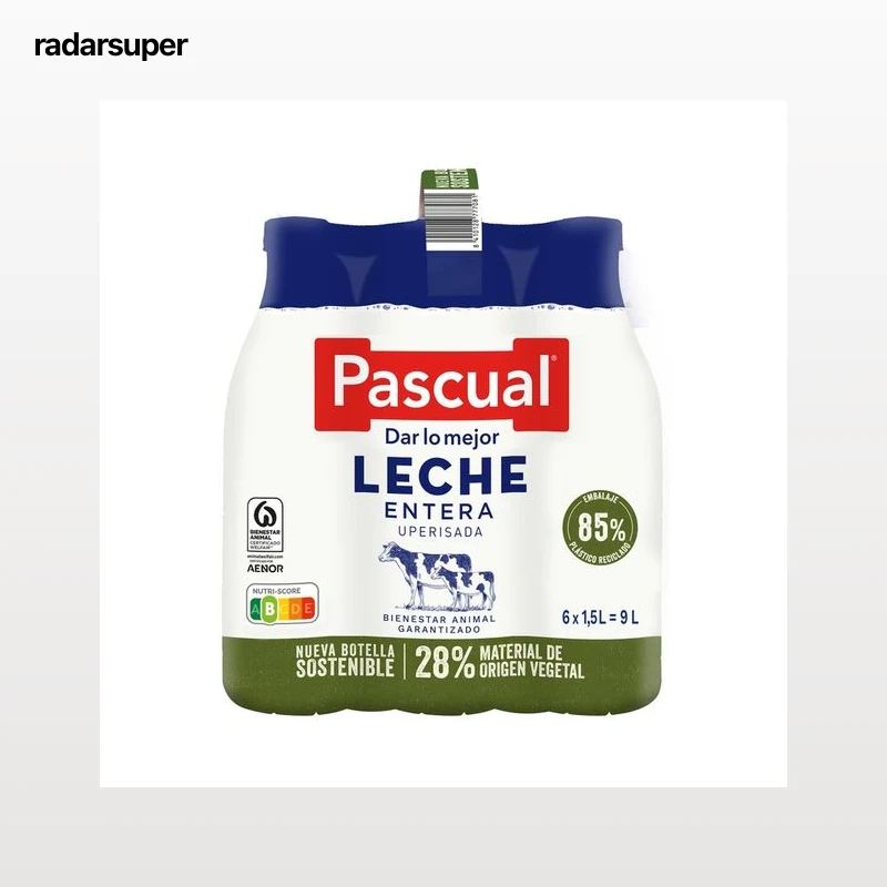 PASCUAL Leche de vaca entera, de bienestar animal garantizado 6 x 1.5 l.