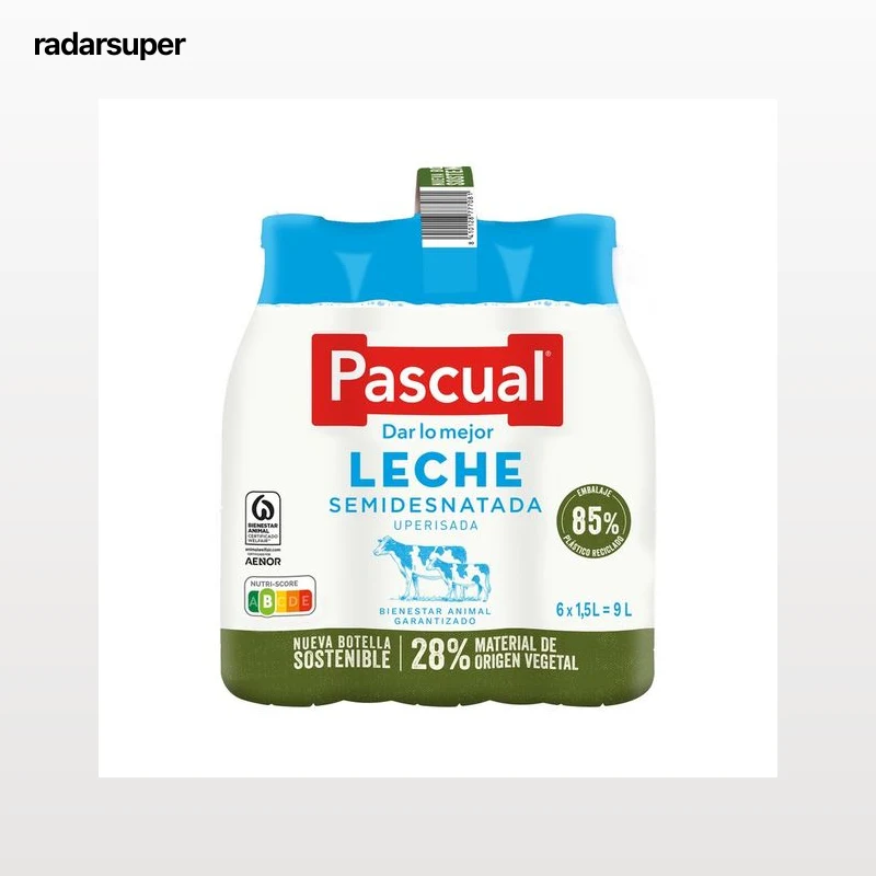 PASCUAL Leche de vaca semidesnatada, de bienestar animal garantizado 6 x 1.5 l.