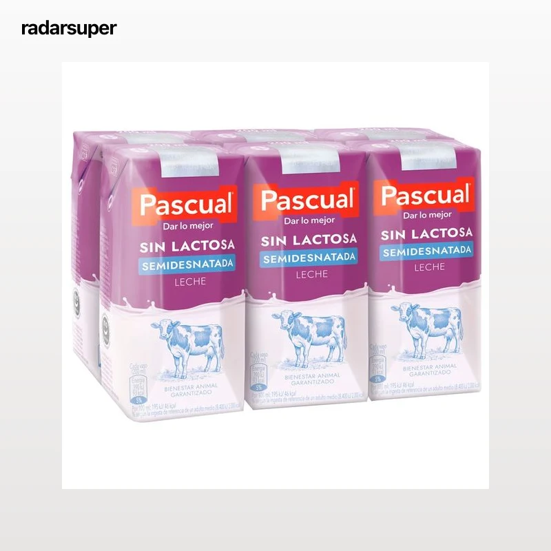 PASCUAL Leche de vaca semidesnatada sin lactosa 6 x 200 ml.