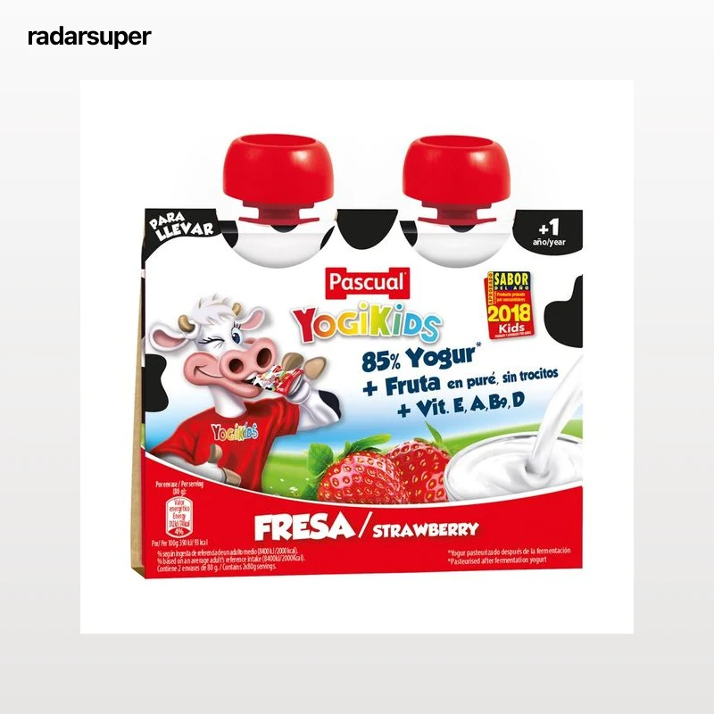PASCUAL Yokids Yogur pasteurizado de fresa para llevar 2 x 80 g.