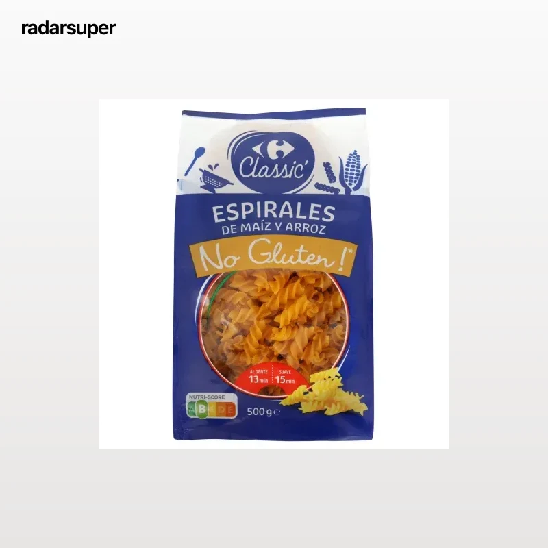 Pasta espiral de maíz y arroz Carrefour Classic No gluten 500 g.