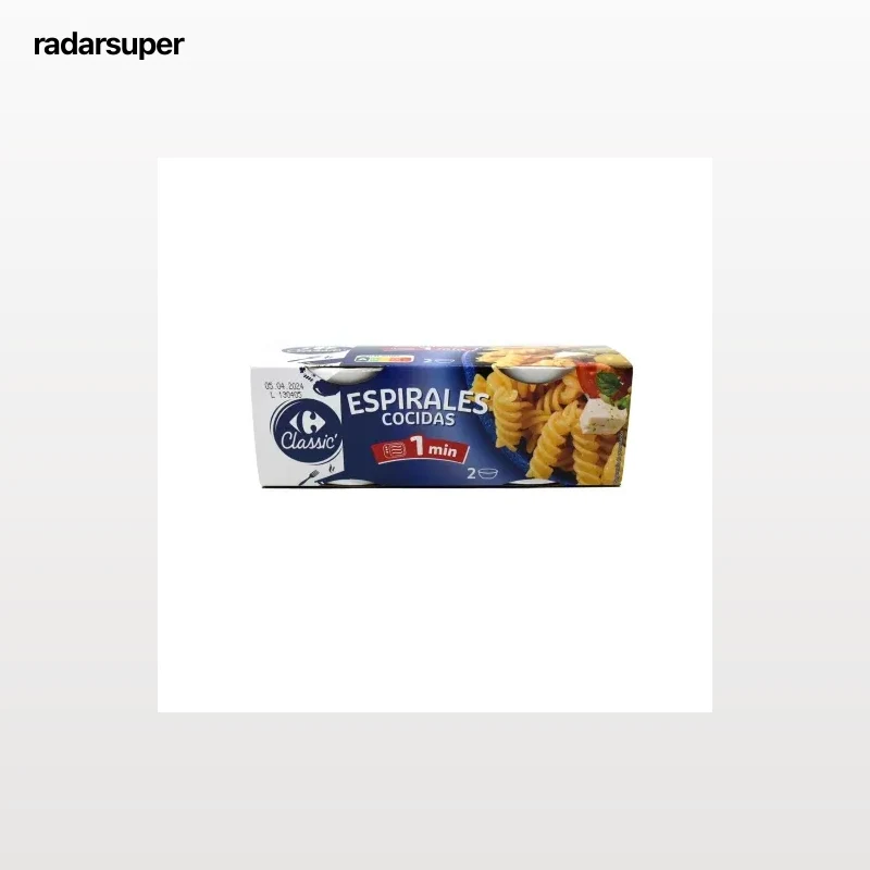 Pasta espirales cocidas para microondas Classic Carrefour pack de dos unidades de 125 g.