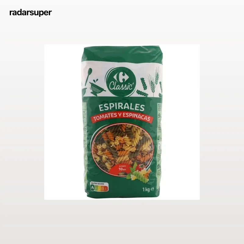Pasta espirales tricolor Carrefour Classic 1 kg.