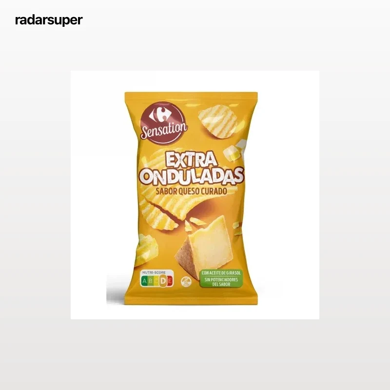 Patatas fritas onduladas sabor queso curado Sensation Carrefour sin guten 150 g.