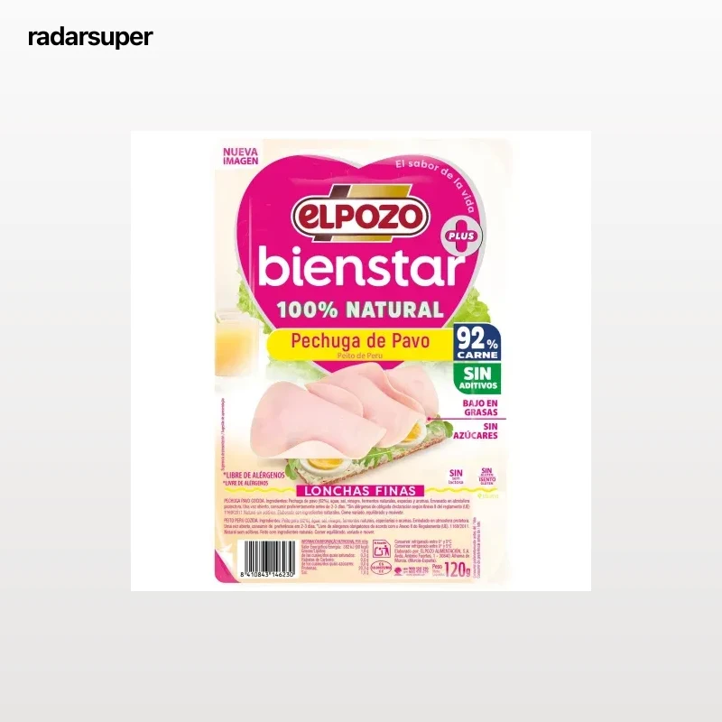 Pechuga de pavo cocida 100% Natural en lonchas finas ElPozo Bienstar sin gluten y sin lactosa 120 g