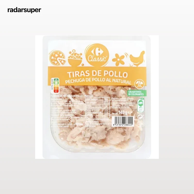 Pechuga de pollo al natural en tiras Carrefour sin gluten 140 g.